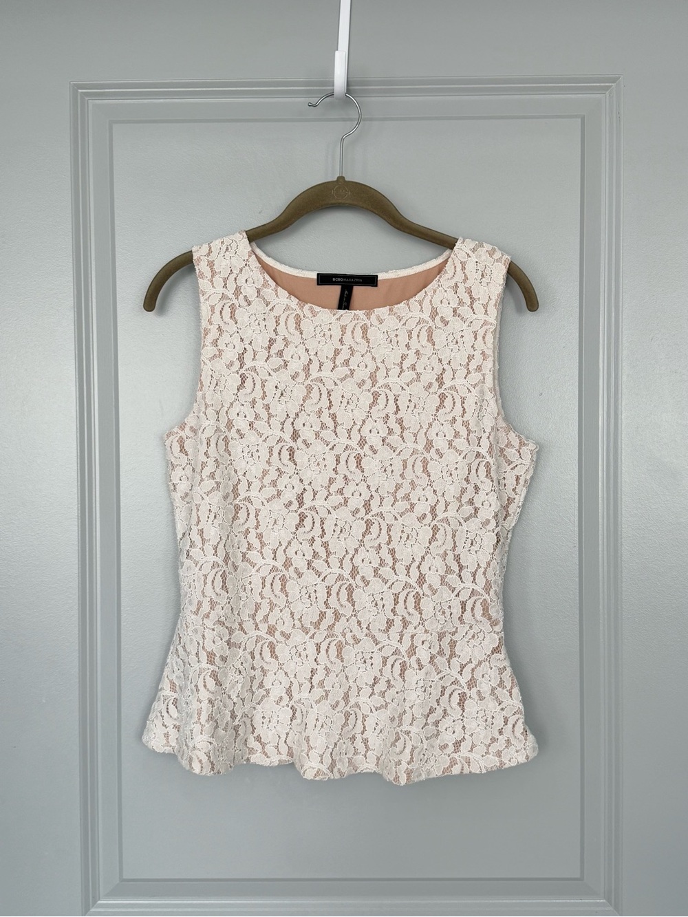 BCBGMaxAzria Blush Pink Lace Peplum Sleeveless Top